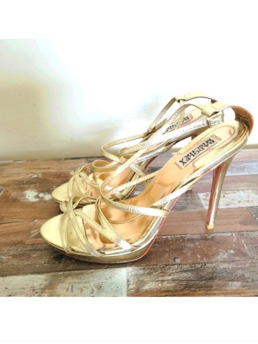 Badgly Mischka Stiletto Gold Leather 4" Heels Sandals Shoes size 8